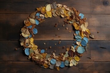 Sticker - rustic wreath made of leaves on a wooden surface