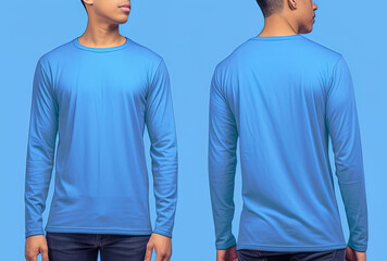 Man wearing a blue T-shirt with long sleeves. Front and back view