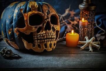 Wall Mural - Halloween pumpkin with a skull decoration and a lit candle inside. Generative AI