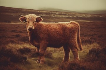 Canvas Print - brown cow standing on a lush green field