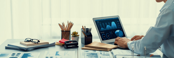Poster - business intelligence and data analysis concept. analyst working on financial data analysis dashboar
