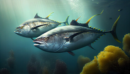 Wall Mural - Underwater tuna fishes in a wild environment Ai generated image