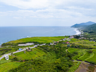 Poster - Taiwan Hualien rice field over the sea in Fengbin Township, Shitiping Coastal Stone Step Plain