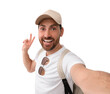 © New Africa - Smiling man taking selfie and showing peace sign on white background
