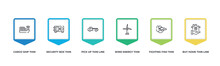Set Of Real Estate Outline Icons With Infographic Template. Thin Line Icons Included Security Box Thin Line, Pick Up Thin Line, Wind Energy Fighting Fish Buy Home Vector.