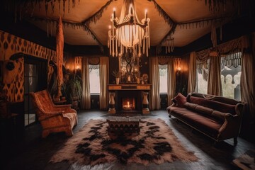 Poster - cozy living room with elegant furniture and a sparkling chandelier