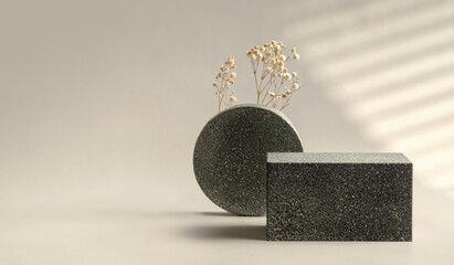 Poster - Minimal stone stage product display with sunlight from window and dry flower on cream color background