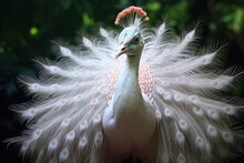 Albino Peacock In Nature, Portrait Of An Exotic White Rare Animal