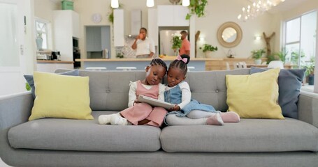 Sticker - Black girl children, tablet and streaming, relax on couch with elearning or watching cartoon movie with sisters at home. Young female kids, screen time and subscription, education app or film online