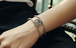 © hugo - Japanese and korean style stainless steel women's bracelet model wearing picture.