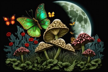 Canvas Print - mushrooms and butterflies in front of a full moon. Generative AI