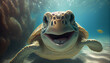 green sea turtle swimming. Cute turtle smiling under the sea Ai generated image