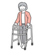 歩行器を使って歩行訓練をする、シニア女性のベクターイラスト素材／リハビリ
