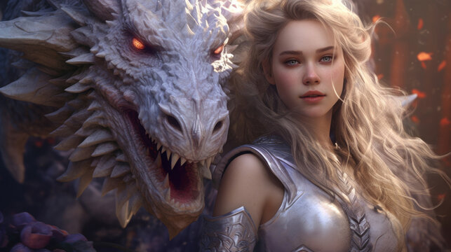 In a realm of enchantment, a captivating woman shares a profound connection with a majestic dragon, embodying the harmony between two extraordinary beings. AI generated