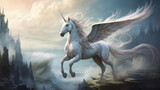 A magnificent and fantastical winged unicorn pegasus, soaring through the sky with grace and power, its wings glistening in the sunlight. AI generated