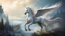 A Magnificent And Fantastical Winged Unicorn Pegasus, Soaring Through The Sky With Grace And Power, Its Wings Glistening In The Sunlight. AI Generated