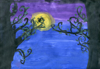 Wall Mural - children's drawing. soft focus. moon in the night sky against the backdrop of trees.