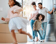 Happy, moving and parents with children running in their new modern family house with excitement. Happiness, smile and young mother and father watching their kids jumping in blur motion at their home