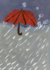 Children's drawing. soft focus. Umbrella on the background of the rain.