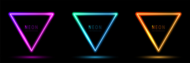 Poster - Set of glowing neon triangle lighting lines pink-purple, blue-green, orange-yellow, blue-green illuminate hexagon frame design. collection of glowing neon lighting on dark background with copy space.