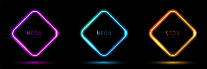 Leinwandbilder - Set of glowing neon triangle lighting lines pink-purple, blue-green, orange-yellow, illuminate diamond frame design. collection of glowing neon lighting on dark background with copy space.