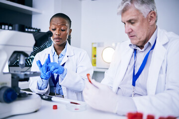 Poster - Science, blood sample and research team in laboratory for medical results, collaboration or dna test. A man and woman scientist or doctor with fluid for scientific innovation, study or analysis