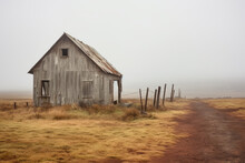 An Old Building In A Field On Foggy Day