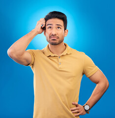 Aufkleber - Thinking, ideas and confused man brainstorming promo, problem solving plan or commercial strategy. Planning, space and studio person with questions, decision or doubt choice on blue background