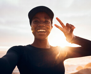 Poster - Selfie, fitness and portrait of woman at sunrise in nature for exercise, marathon training and running. Sports, mockup and African female person with peace sign for warm up, workout and wellness