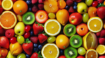 Wall Mural - Background of fresh fruits arranged together representing concept of health diet. Top view. Generative Ai