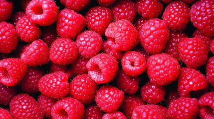 Wall Mural - Background of fresh red raspberry arranged together representing concept of health diet. Top view. Generative Ai