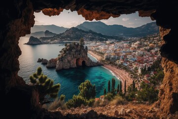 Poster - scenic beach as seen from inside a cave. Generative AI