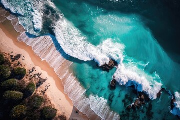 Poster - n idyllic beach scene with crystal clear waters and white sand. Generative AI