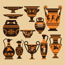 This A Collection Vector Set Of Pottery Vase In Ancient Greek Design Style That Looks Ancient And Classic In Orange And Brown Color On A Brown Background