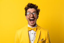 Portrait Of Happy Smiling Excited Young Man Wearing Yellow Suit In Eyeglasses On Yellow Background. Generative AI
