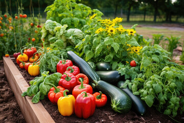 Wall Mural - A vegetable garden with ripe tomatoes, cucumbers, and other fresh produce 