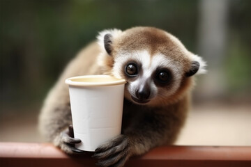 Generative AI.
a slow loris holding a coffee cup