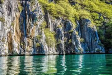 Poster - serene mountain landscape reflecting on a calm body of water. Generative AI