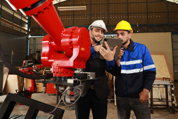 Professional heavy industry technician engineer in safety workwear and businessman maintenance and check part of robot arm machine with tablet in factory automotive. Industrial and technology concept