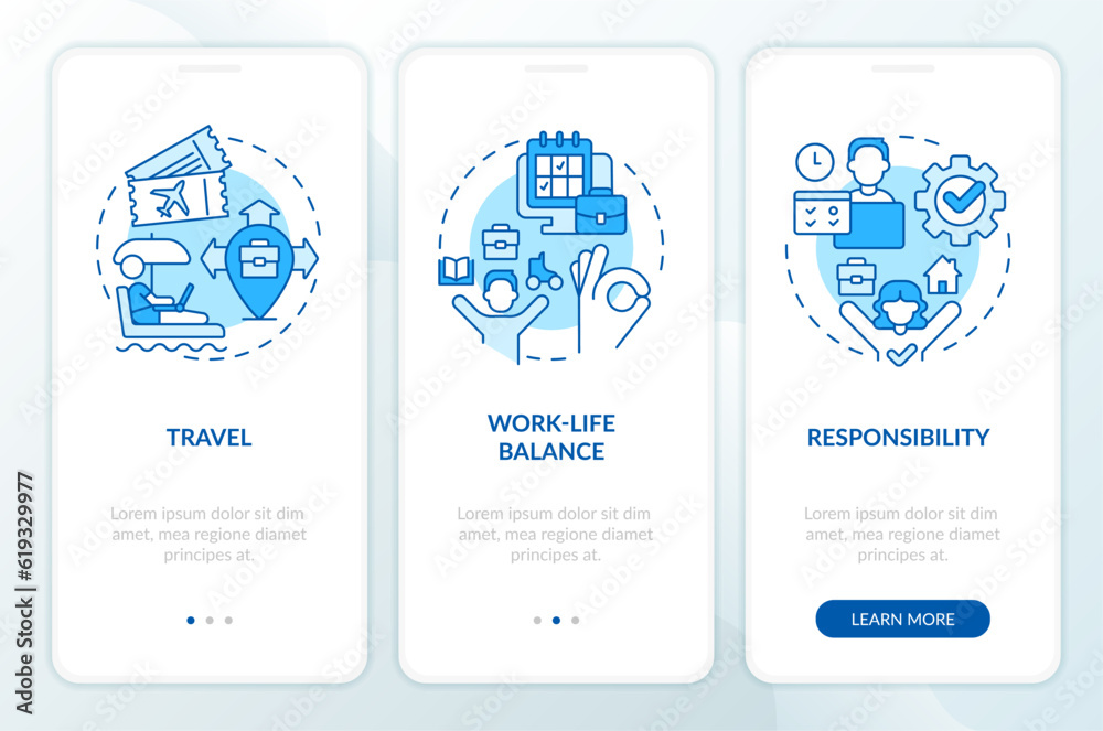 Digital nomad lifestyle blue onboarding mobile app screen. Work online ...