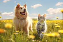 A Fluffy Cat And A Cheerful Dog Walk Through A Sunny Spring Meadow