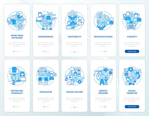 Digital nomad blue onboarding mobile app screen set. Work from anywhere walkthrough 5 steps editable graphic instructions with linear concepts. UX, GUI template. Myriad Pro-Bold, Regular fonts used