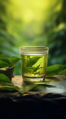 green tea with leaf and green teapot on a table.