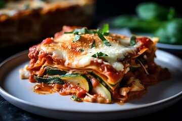 traditional roasted vegetable lasagna with layers of eggplant and zucchini on a rustic wooden board,