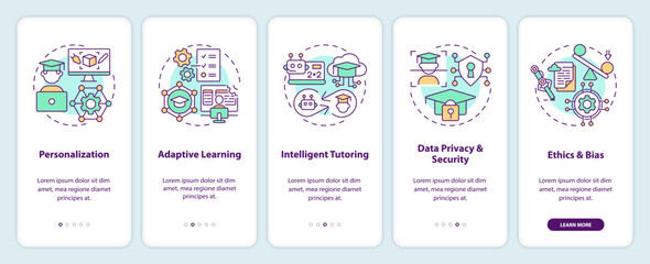 Poster - 5 steps multicolor icons representing artificial intelligence in education, graphic instructions with linear concepts, app screen.