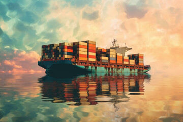 Aufkleber - Business Logistics Concept. Container Ship at Sea Surrounded by Cloud Sky extreme closeup. Generative AI