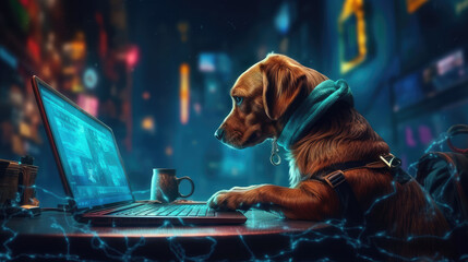The Dog is Working on the Laptop at Night extreme closeup. Generative AI