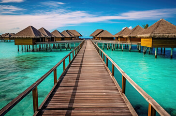Poster - The Walkway Leading into the Coconut Huts in the Maldives Island extreme closeup. Generative AI