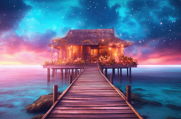 Leinwandbilder - The Walkway Leading into the Coconut Huts in the Maldives Island extreme closeup. Generative AI