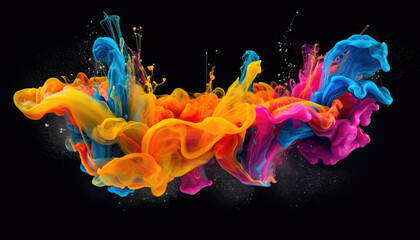 Aufkleber - Abstract Color Paint Splash Drops in Water on a black background. Generative AI